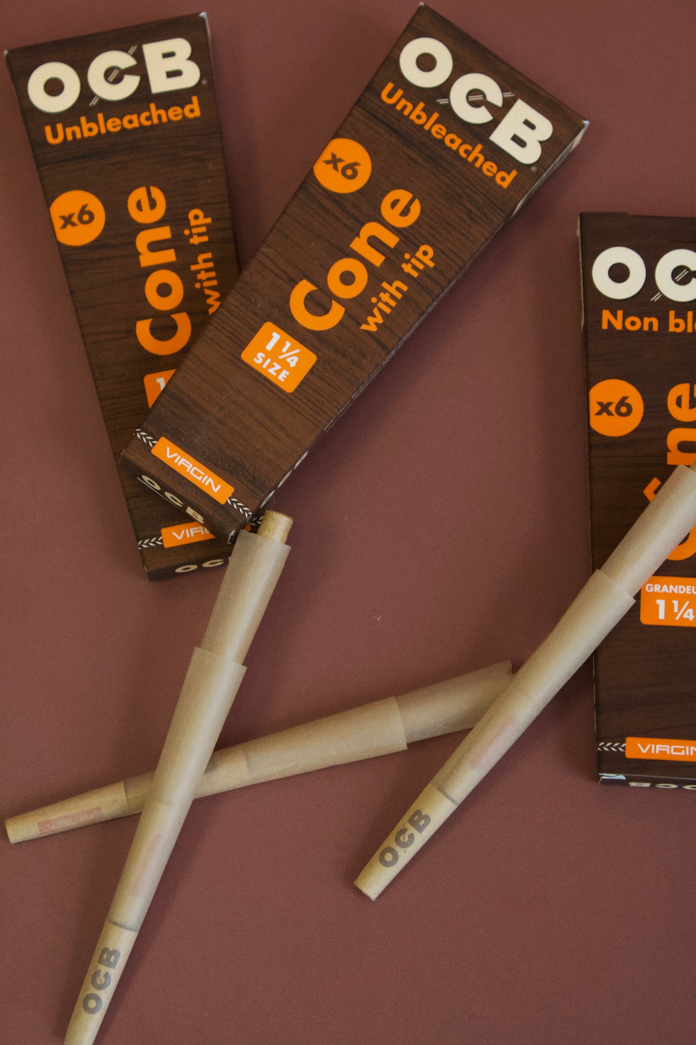 OCB 1 1/4 Virgin Unbleached Cones 6 pack