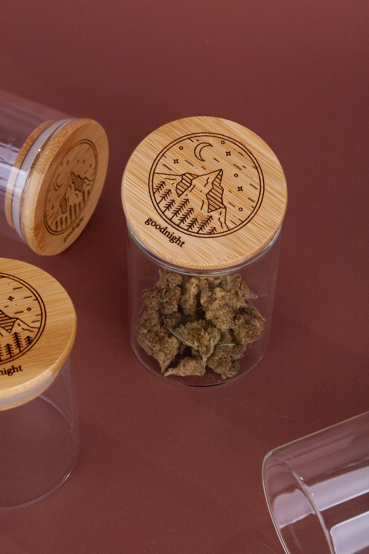 Glass Engraved Wood Top Stash Jars