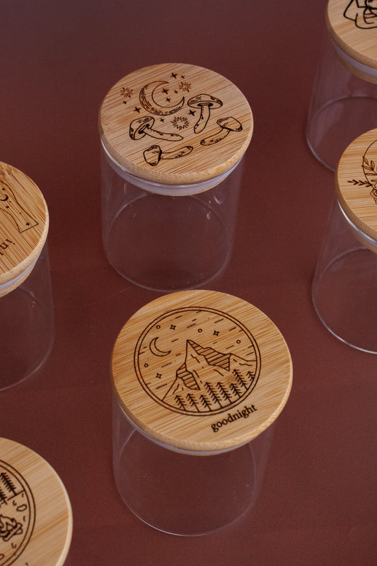 Glass Engraved Wood Top Stash Jars