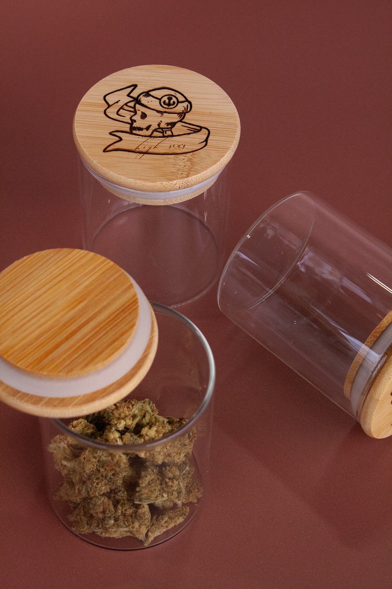Glass Engraved Wood Top Stash Jars