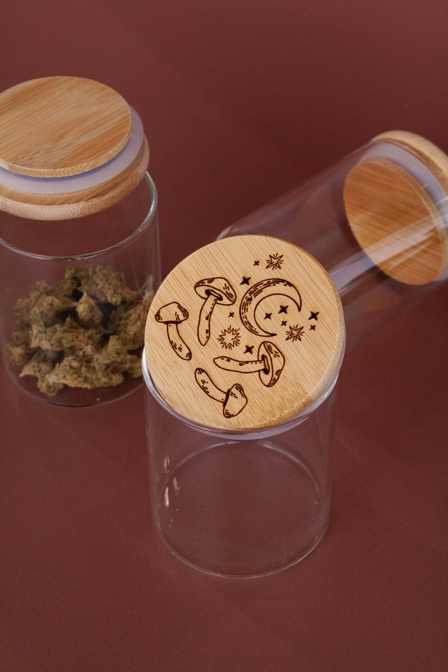 Glass Engraved Wood Top Stash Jars